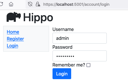 hippo control panel - login page